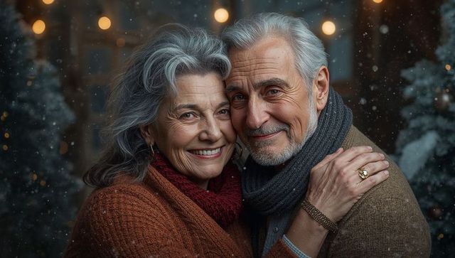 Senior Couple Embracing in Snowy Outdoor Festive Scene