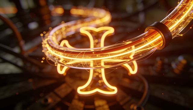 Glowing neon pisces glyph with fiber-optic tube and clamp in futuristic industrial circuitry