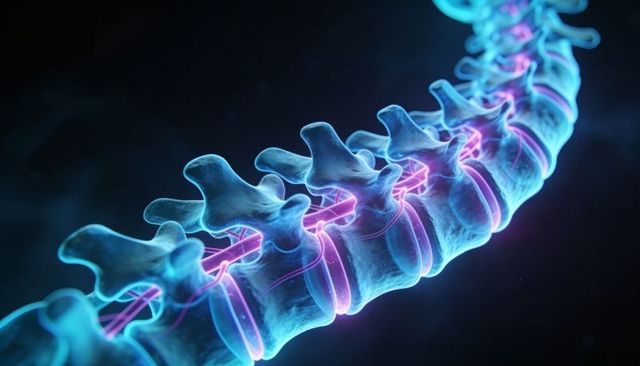 Glowing translucent spine with neon nerve roots and intervertebral discs 3d render