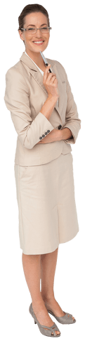 Happy Businesswoman in Suit Holding Pen on Transparent Background