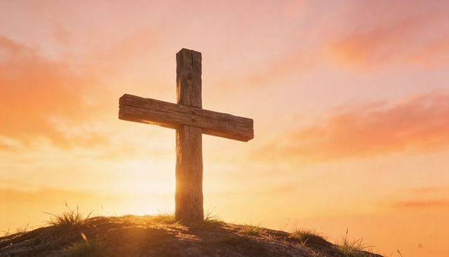 Rough wooden cross on hill at golden sunrise symbolizing hope and faith