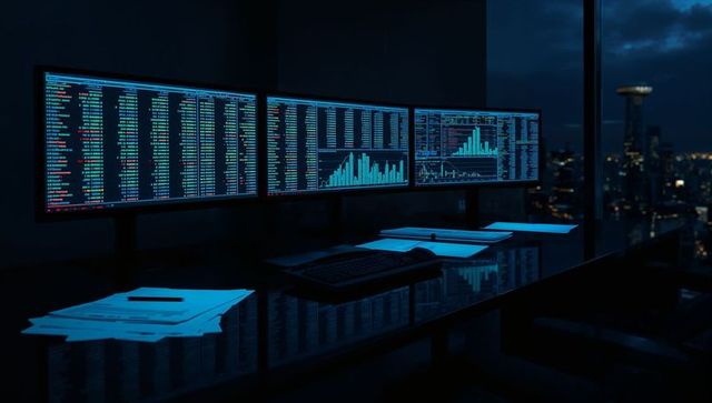 Financial Specialist's Night Desk with Triple Monitors, Skyline View