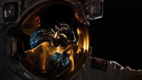 Astronaut Helmet Rotating in Orbit, Cracked Gold Visor Reflecting Earth and Crew