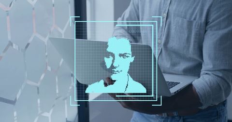 Digital Interface Facial Recognition Employee Using Laptop Modern Office