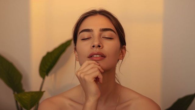 Young woman resting with hand under chin in warm golden light, serene minimalist portrait
