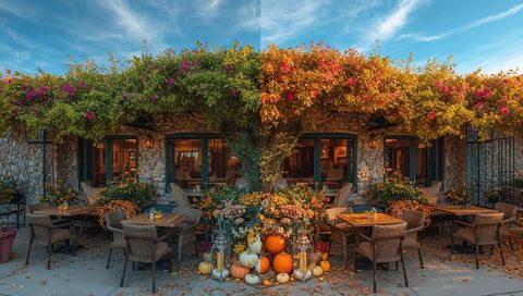 Charming Fall-Themed Cafe Patio with Pumpkins and Vines