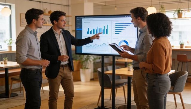 Business team presenting analytics dashboard on screen in modern open-plan office