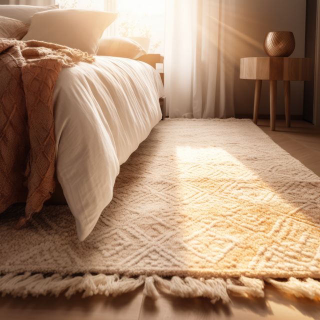 Cozy sunlit bedroom featuring soft rug and warm textiles. Ideal for depicting home comfort, tranquil spaces, and warm interior design in marketing materials, social media, and blog posts about home decor ideas.
