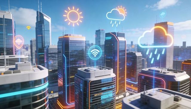 Futuristic smart city skyline projecting ar icons and glowing connected skyscrapers