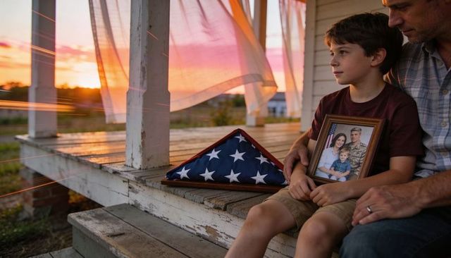 Father and son sitting on porch at sunset holding framed military portrait and folded flag