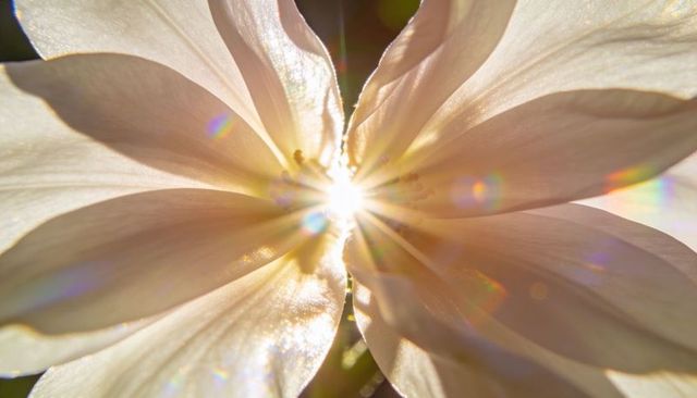 Sunburst through cream-pink blossom macro with sparkling lens flares and backlit petals