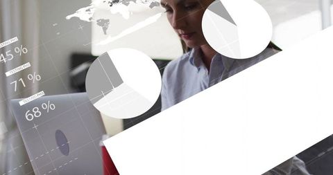 Businesswoman analyzing financial data on laptop with digital graphs