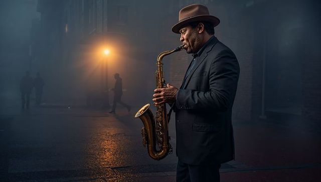 Saxophonist playing on foggy night street with warm lamp glow