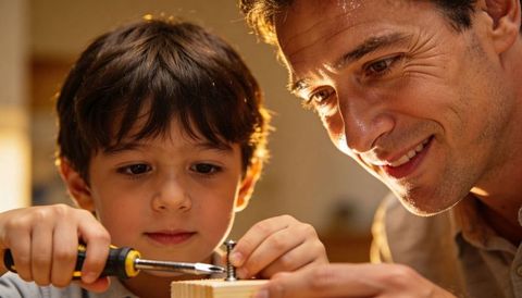 Father and son building wooden toy with screwdriver in home workshop, mentoring moment