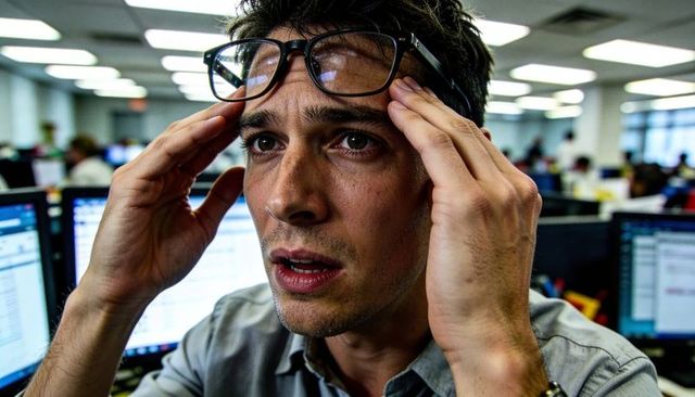 Stressed developer debugging ldap authentication in busy open-plan office