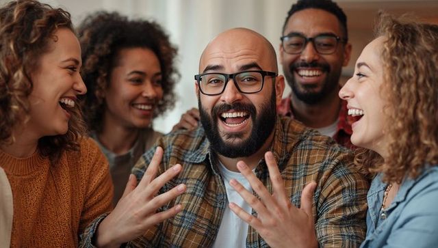 Laughing friends gathering around bald bearded man gesturing playfully in cozy living room