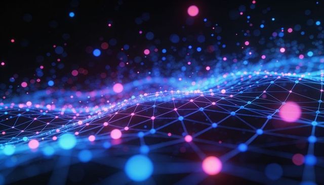 Neon node network visualizing dynamic data flow across holographic undulating grid