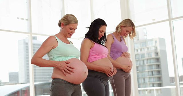 Three Pregnant Women Practicing Prenatal Yoga Indoors - Download Free Stock Images Pikwizard.com