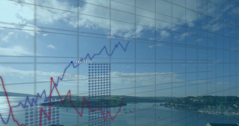 Digital data visualization over tranquil seascape