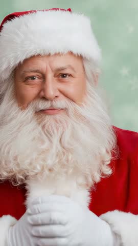 Vertical Santa lowering gloved hands while camera pulling back to reveal black belt and buckle
