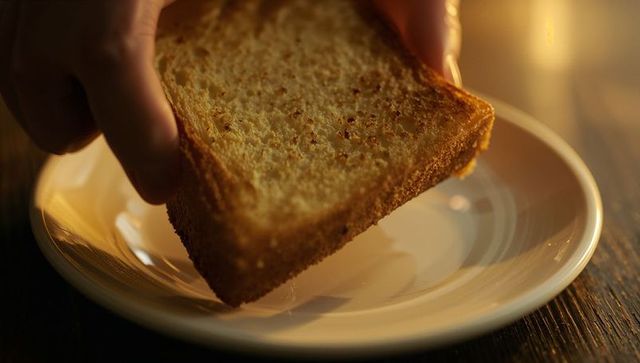 Hand holding golden toast over plate warm morning light close-up crust and crumbs macro bokeh glow