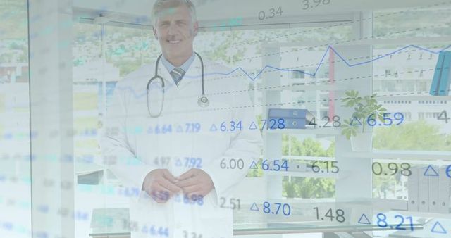 Doctor in office with healthcare data analytics overlay