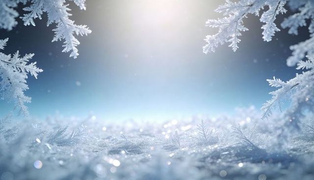 Sparkling hoarfrost and snow crystals framing soft backlit winter sunrise with bokeh macro