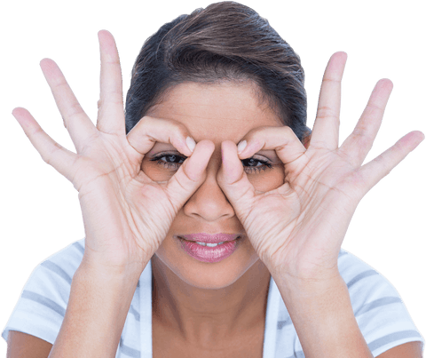 Smiling Woman Looking Through Playful Fingers Gesture Transparent