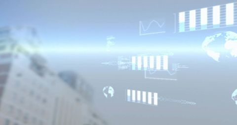 Futuristic holographic hud over rooftop displaying bar charts line graphs and globe icons