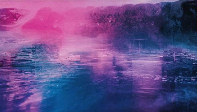 Vibrant neon glitch art with surreal reflections