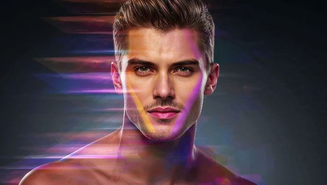 Posing male model with neon light streaks and glowing rim lighting, futuristic portrait