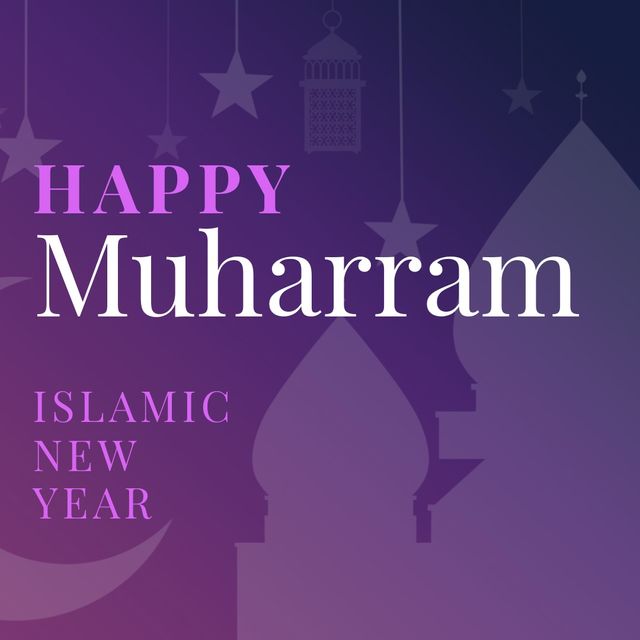 Illustration expressing Happy Muharram and Islamic New Year wishes features minimalist silhouettes of buildings with a purple gradient background. Ideal for use in holiday greeting cards, social media posts, and celebration invitations to mark the beginning of the Islamic calendar year.