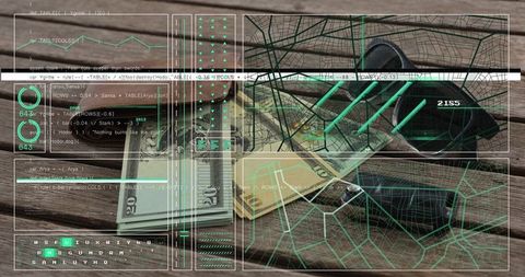 Sunglasses and stacked twenty dollar bills with futuristic hud overlay on wooden table