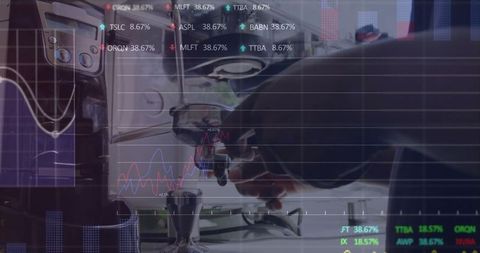 Barista Crafting Espresso with Financial Overlay and Stock Charts
