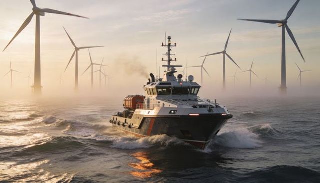 Offshore service vessel powering through choppy dawn sea while servicing wind farm in mist