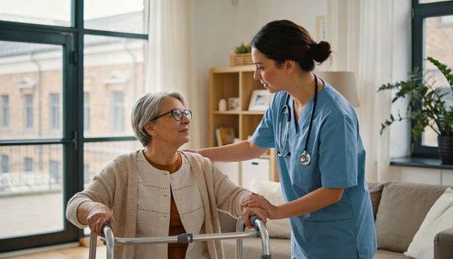 Nurse assisting senior woman using walker in comfortable home care scene