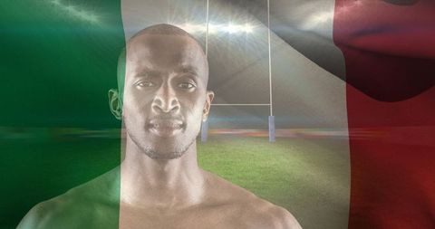 Rugby Player with Italian Flag Overlay in Stadium Atmosphere - Download Free Stock Images Pikwizard.com