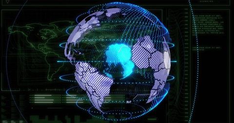 Holographic earth showing rotating dotted continent panels with futuristic hud for global analytics