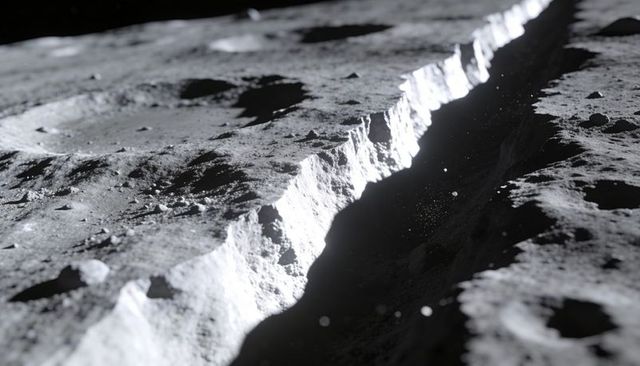 Rimlit lunar fissure crossing cratered regolith with floating dust particles, moonscape