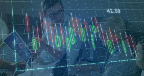 Business Team Analyzing Financial Charts with Digital Overlay