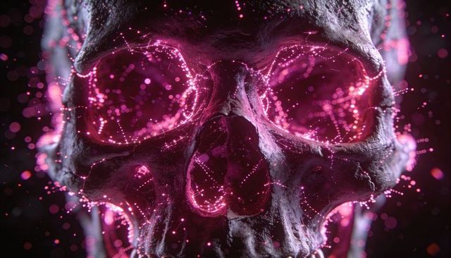 Neon skull with magenta particle trails, bioluminescent bokeh and futuristic cyberpunk glow