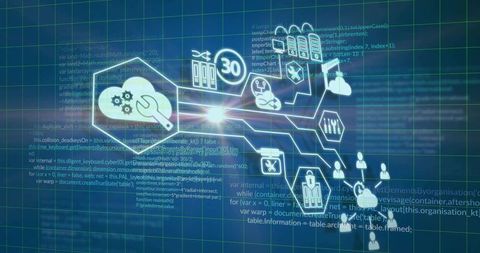 Displaying cloud infrastructure with secure network flow, telemetry icons and code overlay