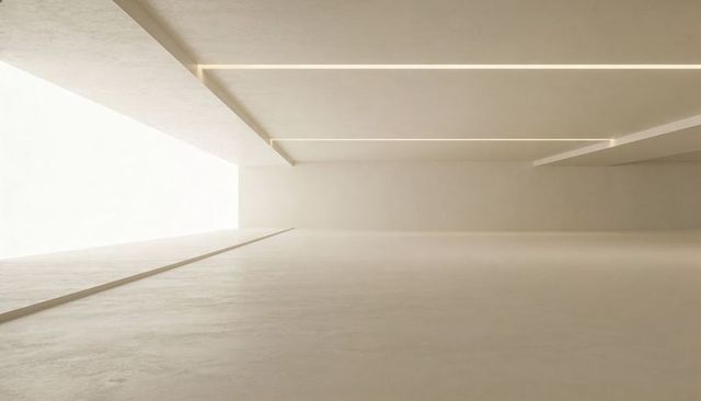 Minimalist gallery space bathing in natural light with ramp and lightwell, geometric interior