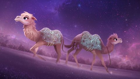 Stylized camels walking across glittering dunes under purple starry nebula sky