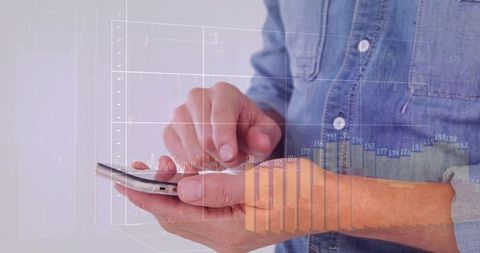 Tapping smartphone with floating data visualization, interactive analytics and bar charts