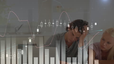 Stressed Couple Analyzing Bills with Digital Graph Overlays