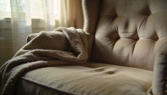 Sunlit tufted beige armchair with draped tan blanket conveying cozy relaxation