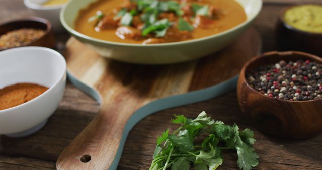 Indian Curry with Fresh Herbs and Spices on Wooden Table - Download Free Stock Images Pikwizard.com