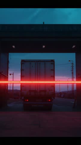Vertical truck passing under overpass at dusk with neon red beam slicing across cargo door