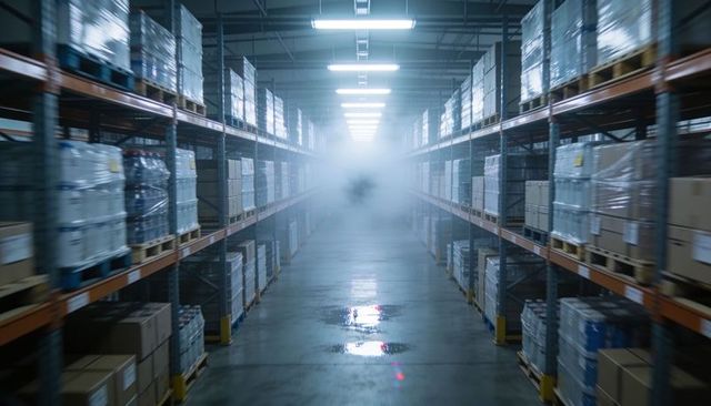 Fog-filled warehouse aisle with pallet racks and shrink-wrapped pallets, logistics corridor